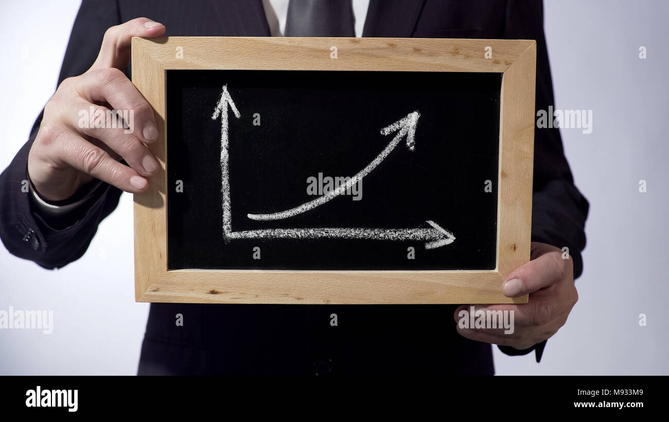 Dessin graphique de croissance sur tableau noir, businessman holding sign, concept d'entreprise Banque D'Images