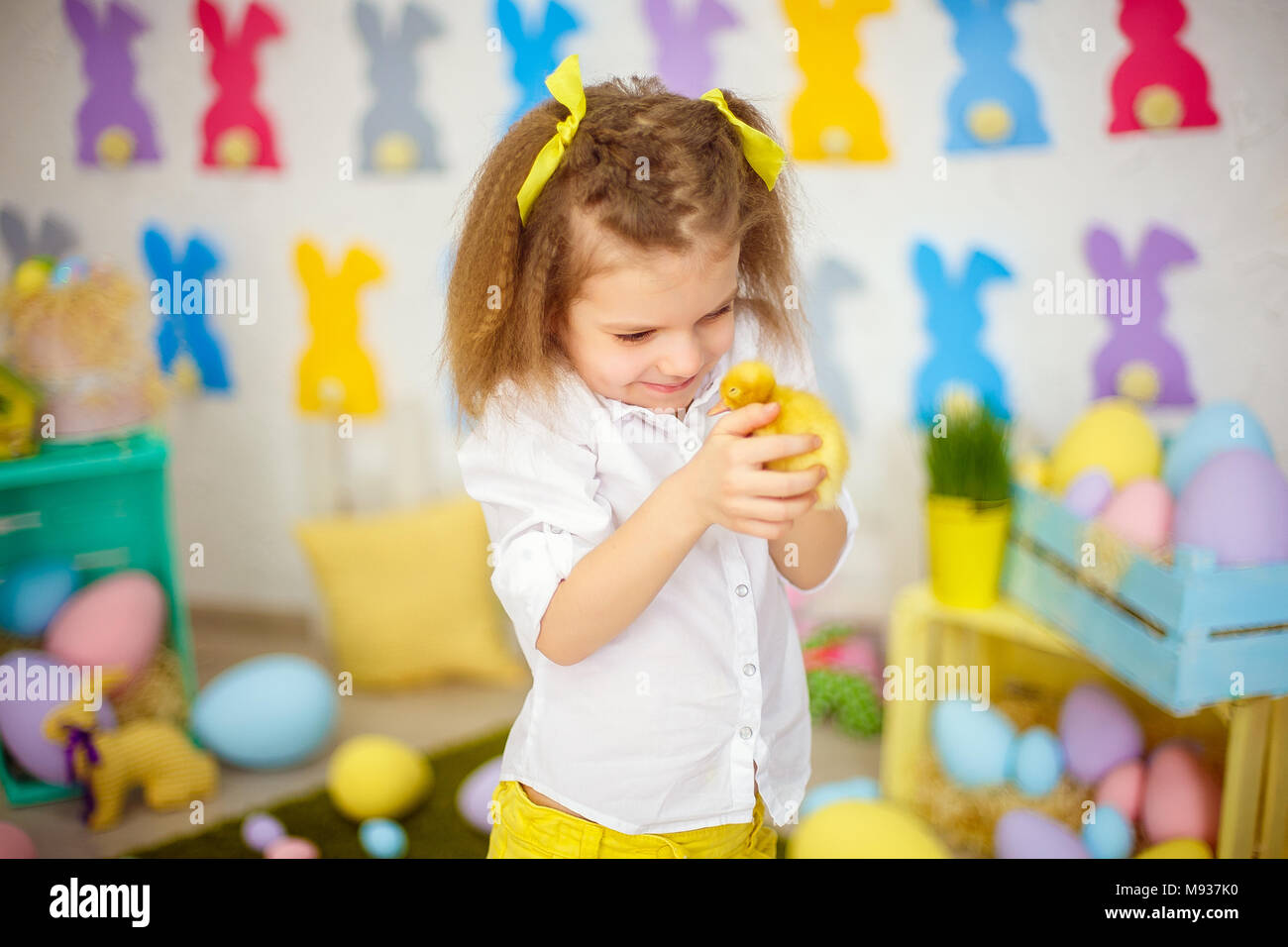 Petit enfant jouant avec les canetons Banque D'Images