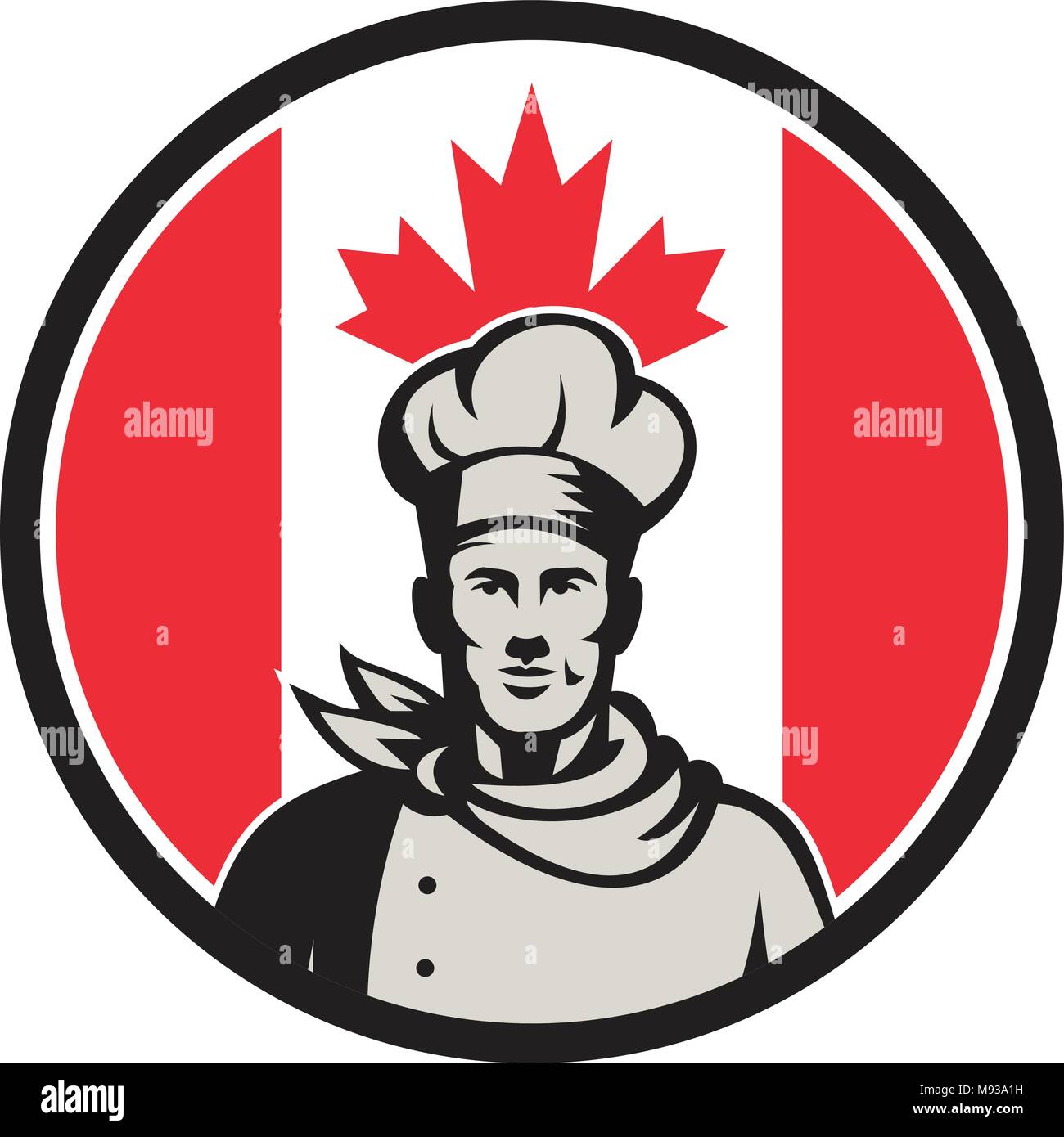 Style rétro icône illustration d'un chef canadien, baker ou vu de Cook, de l'avant jusqu'à la taille avec le drapeau à feuille d'érable situé à l'intérieur du cercle sur l'isola Illustration de Vecteur