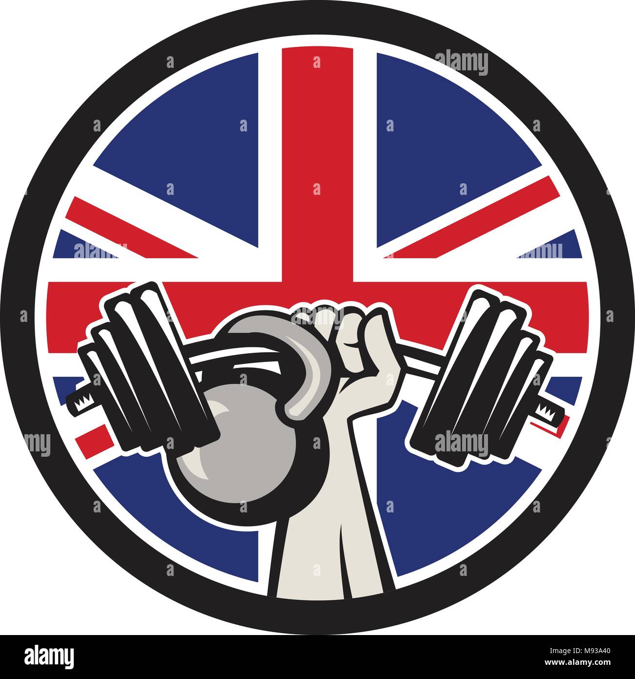 Style rétro icône illustration d'une main levée d'un britannique et d'haltères kettlebell avec United Kingdom UK, Grande-Bretagne Union Jack flag situé à l''intérieur de circ Illustration de Vecteur