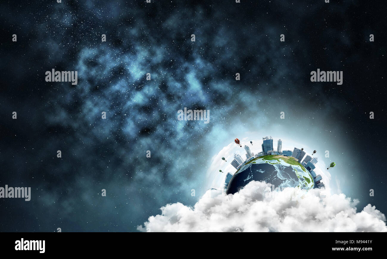 Image abstraite de l'espace avis à la planète Terre dans les nuages avec les bâtiments et les aérostats. L'espace sombre brume d'arrière-plan. Les éléments de cette image sont fournir Banque D'Images