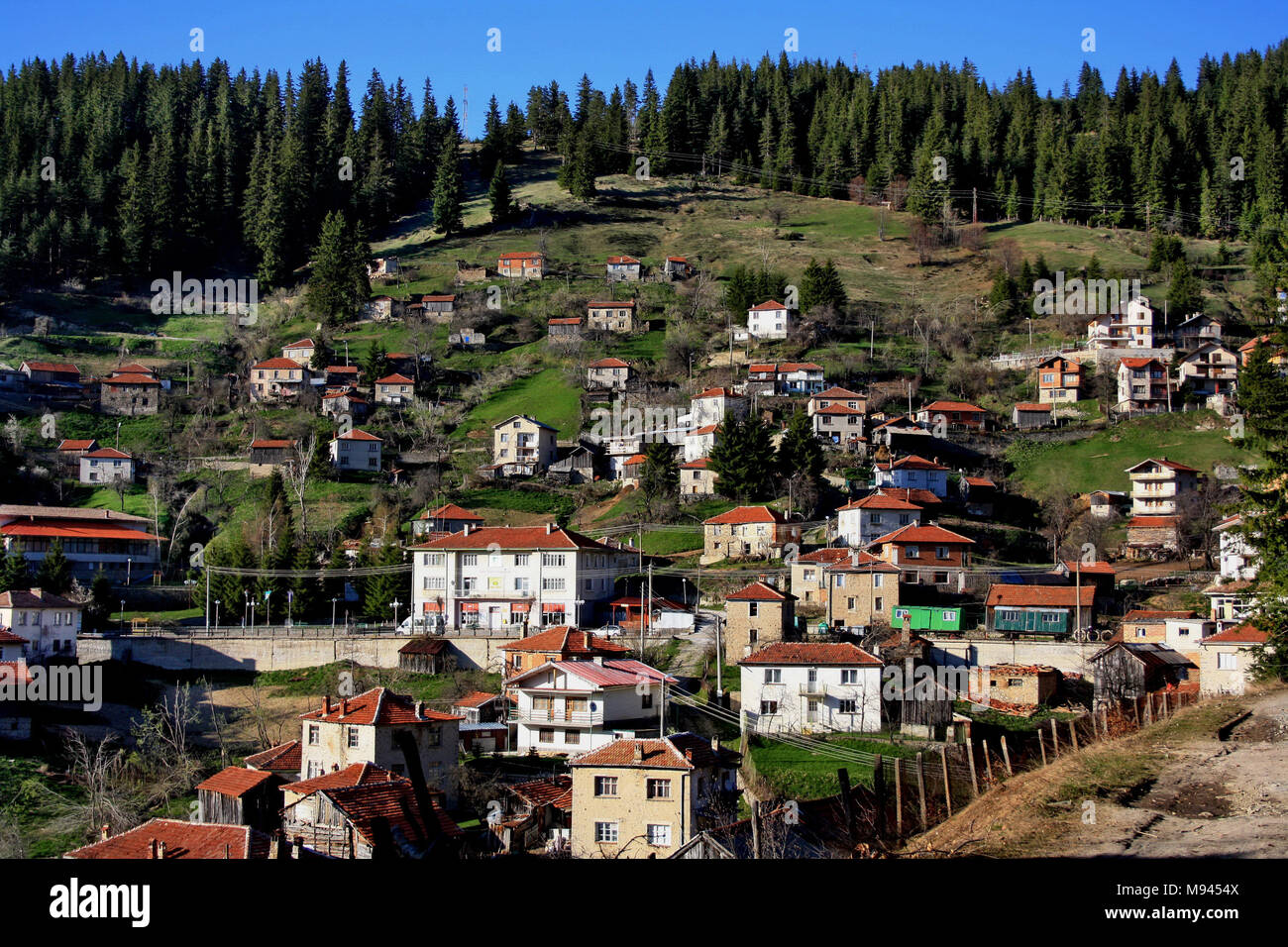 Petit village perché sur la pente de la montagne - village de Manastir dans les Rhodopes (Rodopi) montagne en Bulgarie. Banque D'Images