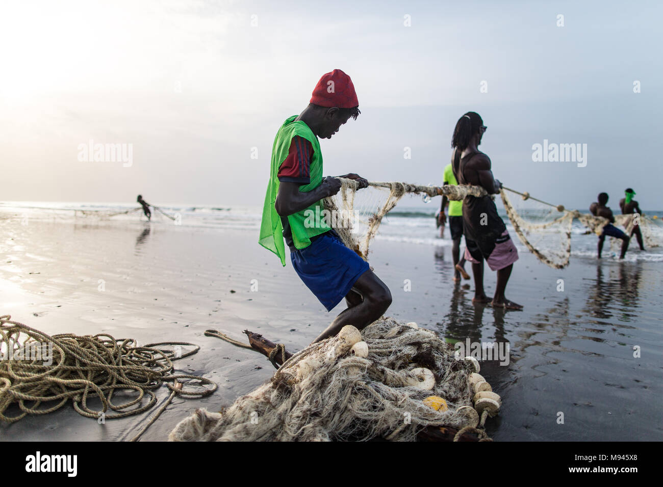 Les pêcheurs dans le village côtier de Kotu, Gambie, tirer dans leur filet de pêche dans l'espoir d'attraper le barracuda pour les touristes. Banque D'Images