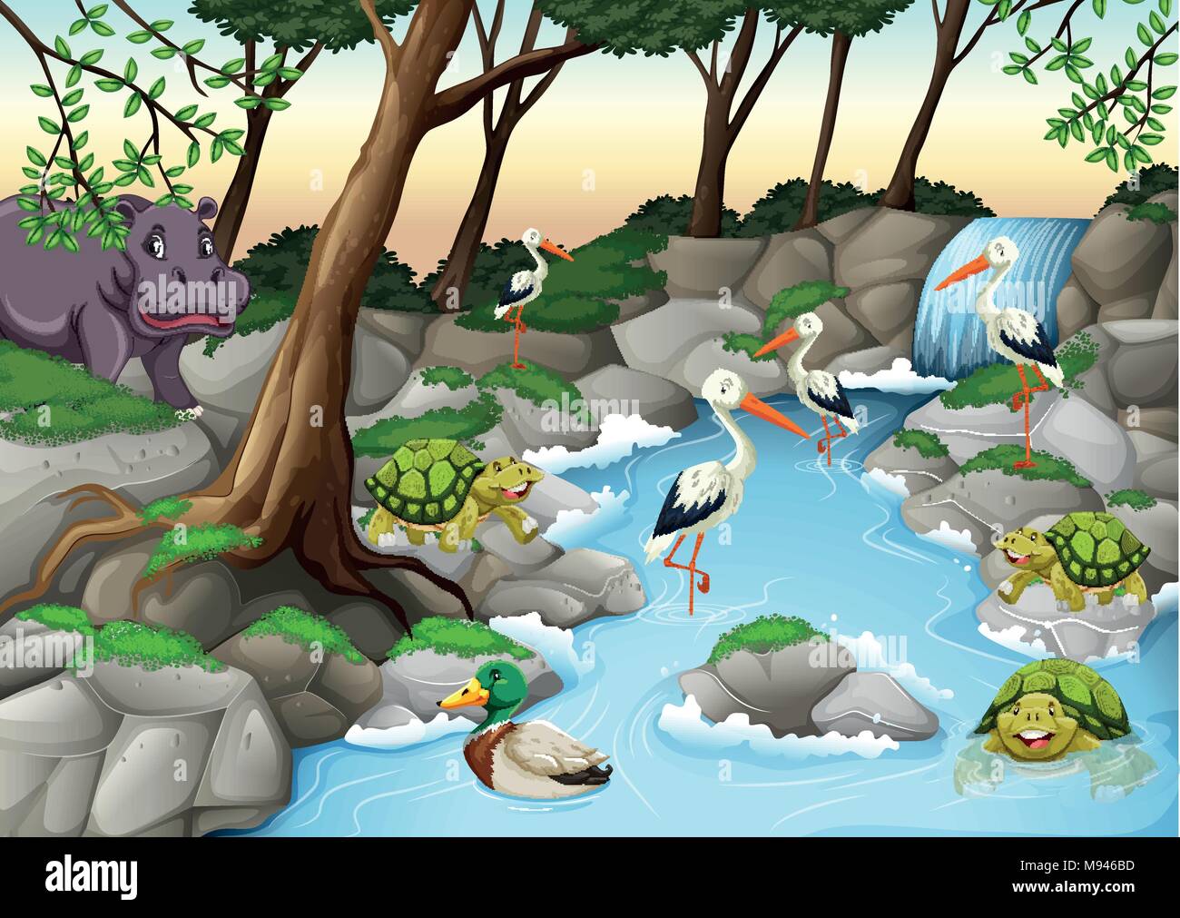 Scène de l'eau avec beaucoup d'animaux sauvages illustration Illustration de Vecteur