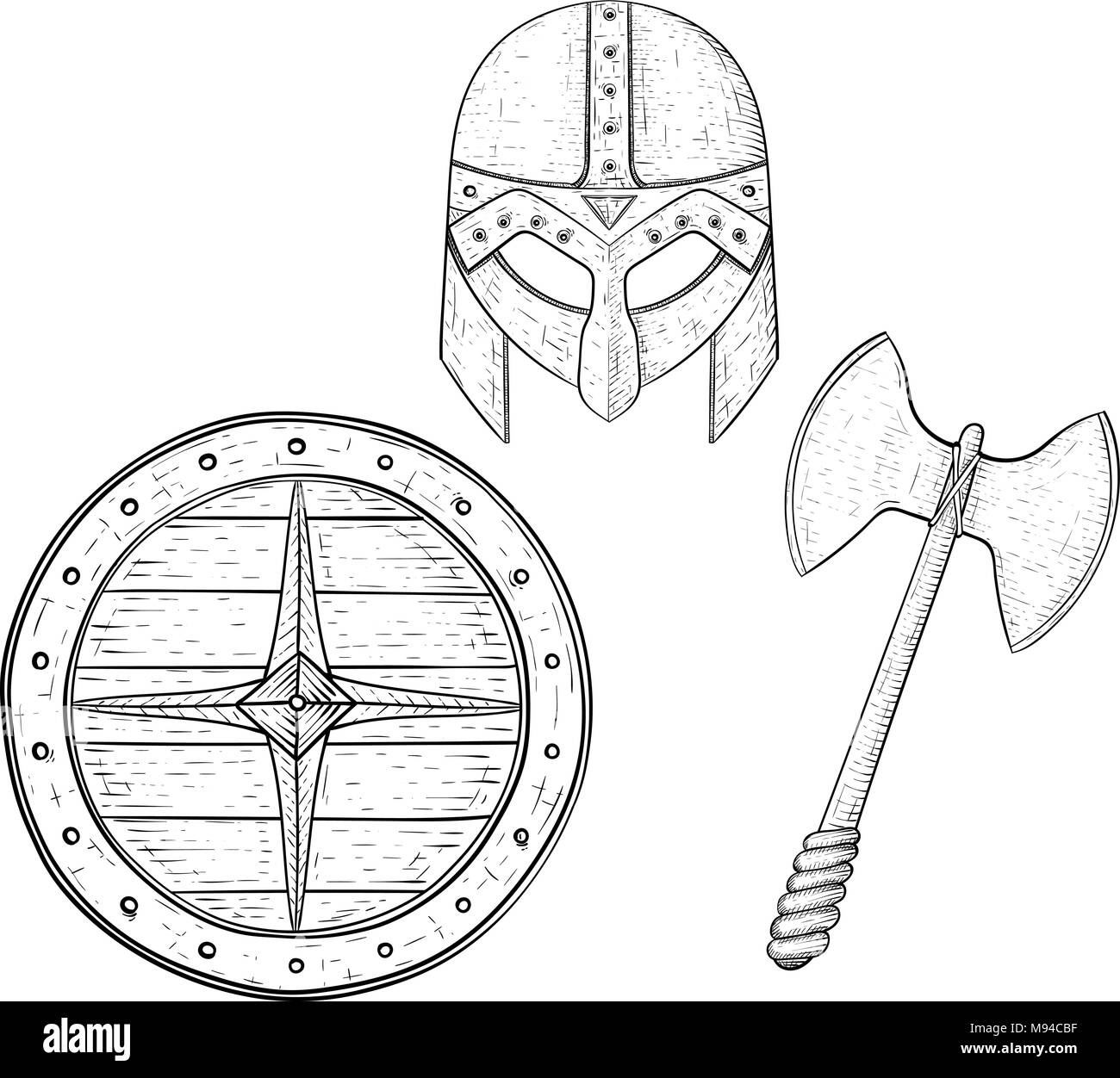 Guerrier Viking set - bouclier, deux pales ax et casque. Croquis dessinés à la main, Illustration de Vecteur