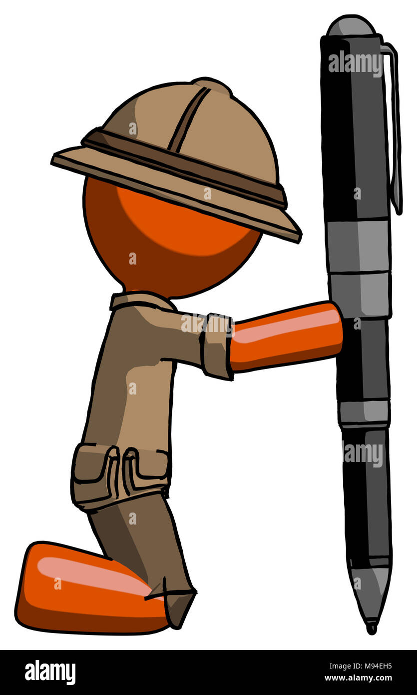 Ranger explorer Orange homme posant avec un stylo géant de manière maladroite mais puissant. Parce que son drôle. Banque D'Images