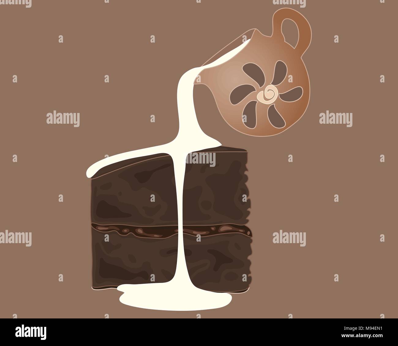 Une illustration d'un morceau de gâteau au chocolat avec un petit pot de crème verser sur un fond brun Illustration de Vecteur