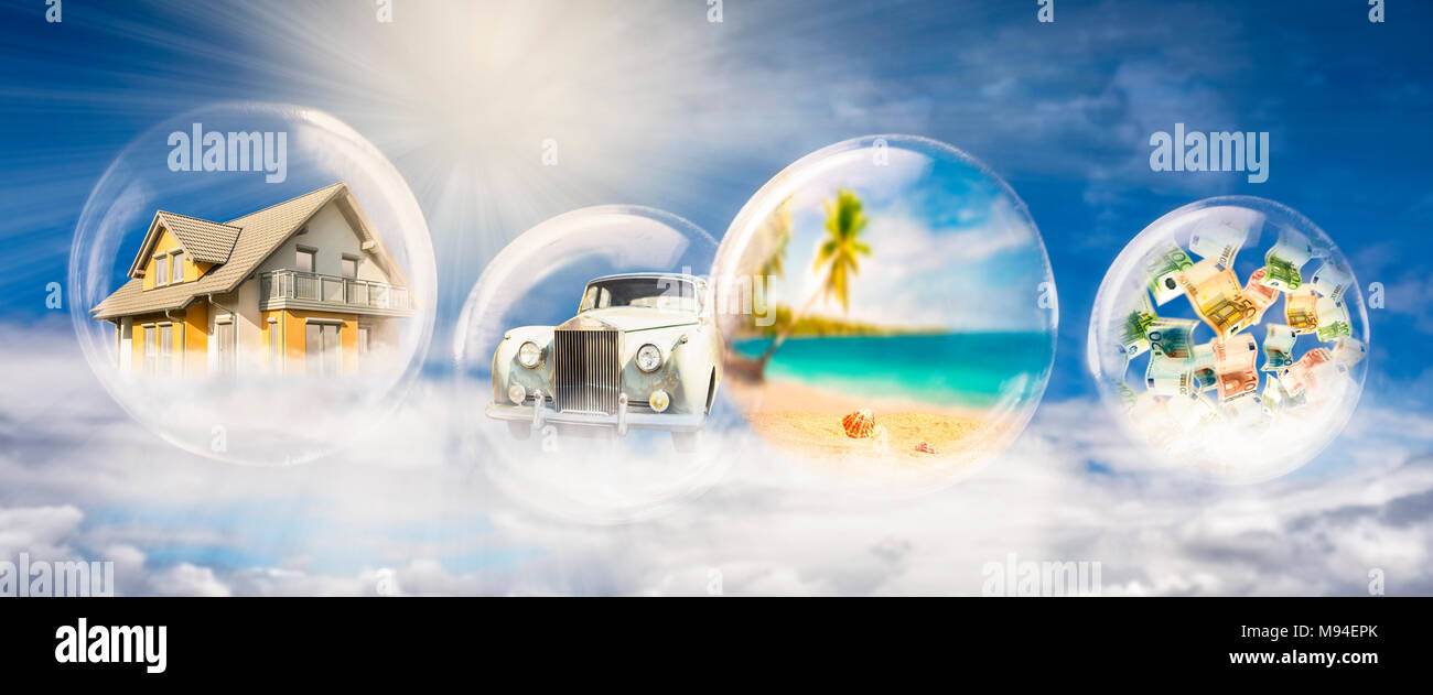 Quatre des bulles de savon avec maison, voiture, scène de plage, et des billets Banque D'Images