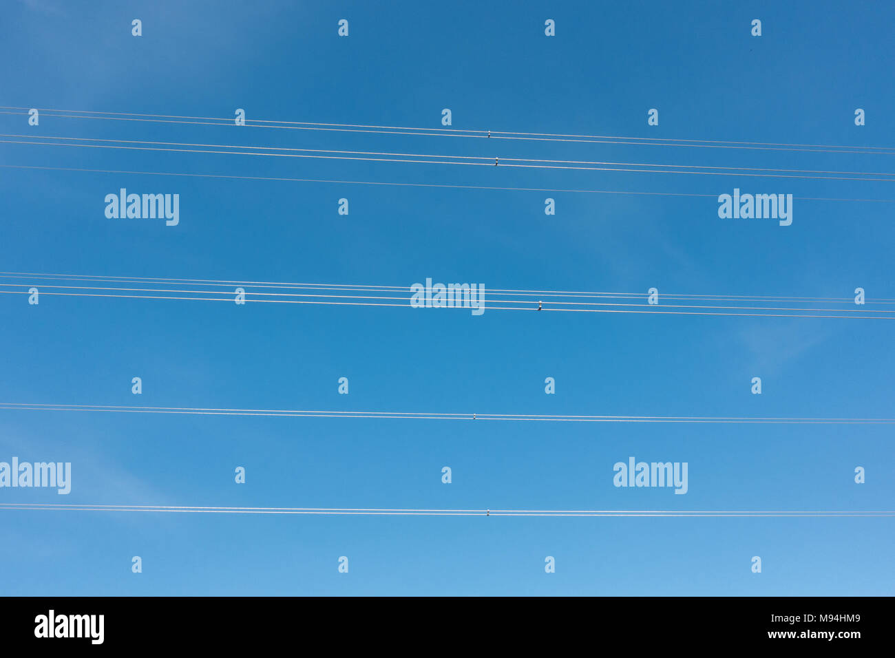 Lignes électriques aériennes contre un ciel bleu Banque D'Images