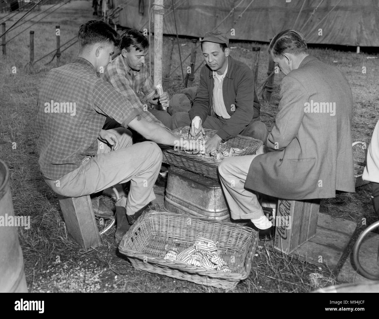 Les travailleurs de cirque remplir des sacs d'arachides en préparation d'un spectacle, ca. 1953. Banque D'Images