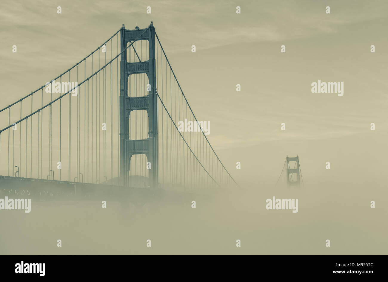 Bas épais brouillard formé sous le Golden Gate Bridge à San Francisco, Californie, États-Unis, sur une première matinée de printemps. Banque D'Images