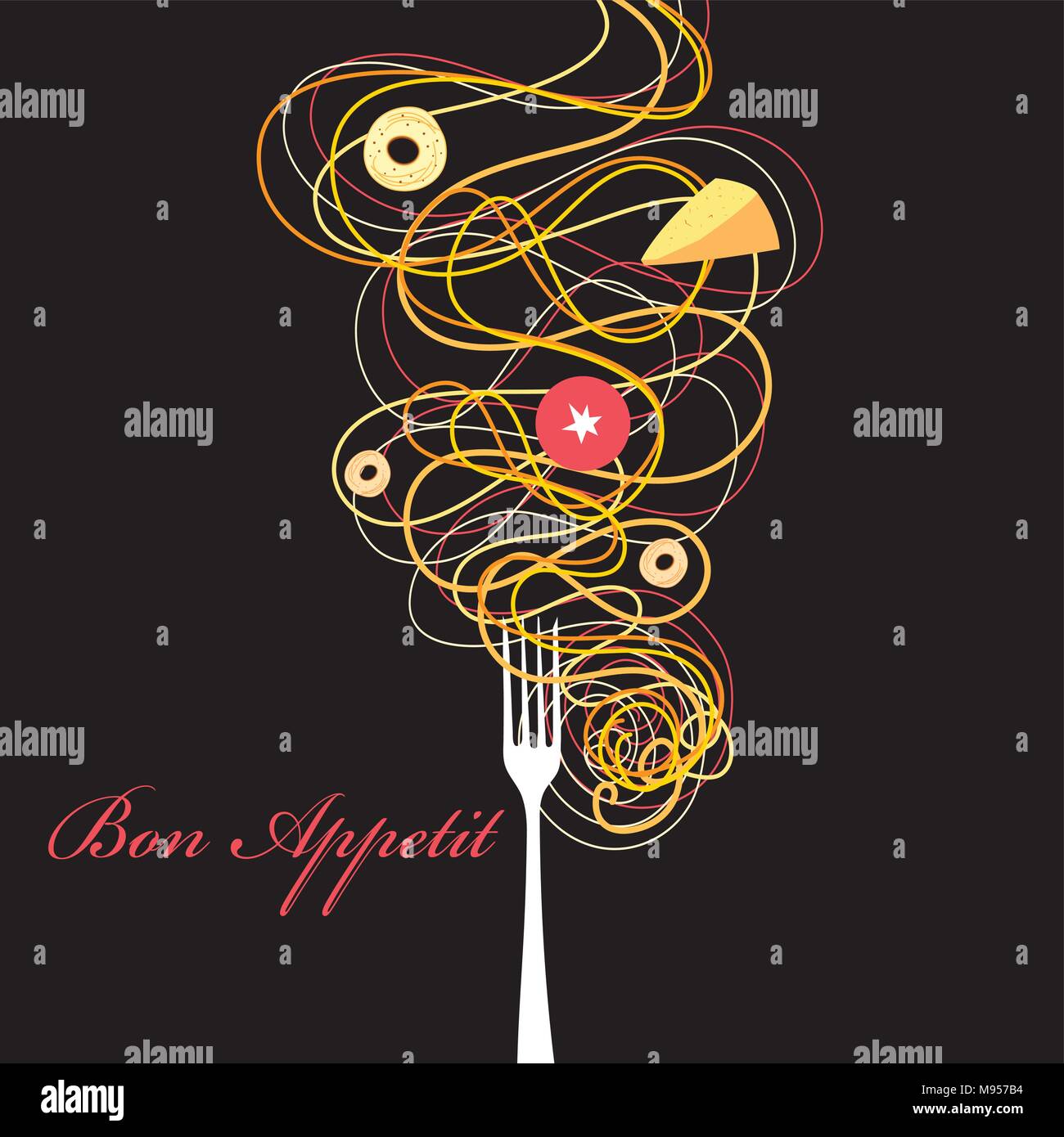 Vector affiche publicitaire d'un spaghetti avec une fourche sur un fond sombre. Par exemple pour le menu du restaurant. Illustration de Vecteur