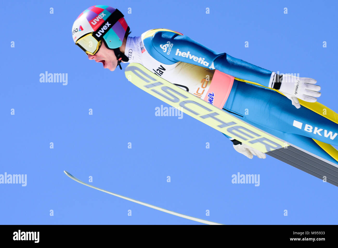 Planica, en Slovénie. Mar 22, 2018. Tobias Reinmann Gregor de la Suisse fait concurrence au cours de la qualification au FIS Planica finales de la Coupe du monde de saut à ski le 22 mars 2017 à Planica, en Slovénie. Credit : Rok Rakun/Pacific Press/Alamy Live News Banque D'Images