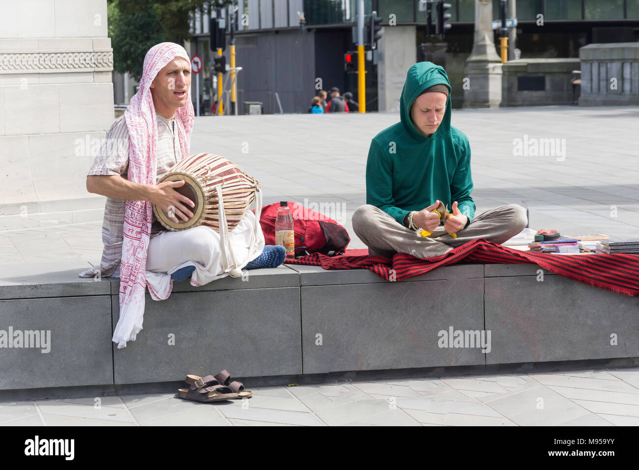 Adeptes Hare Krishna, Oxford Terrace, Christchurch, Canterbury, Nouvelle-Zélande Banque D'Images