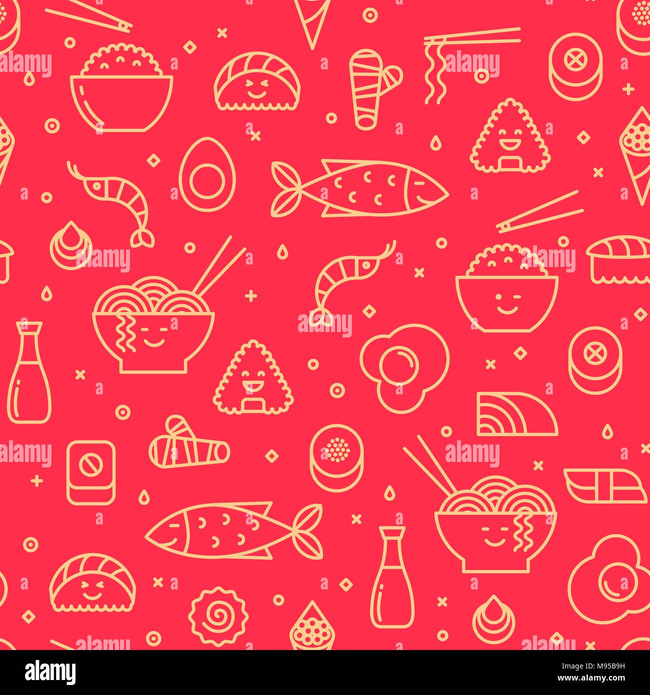 Vecteur de plaisir avec motif transparent alimentaire japonais comme les sushis, riz, pains, poissons. Les couleurs rouge et jaune. Smiling faces, style iconique, dessin au trait. Illustration de Vecteur