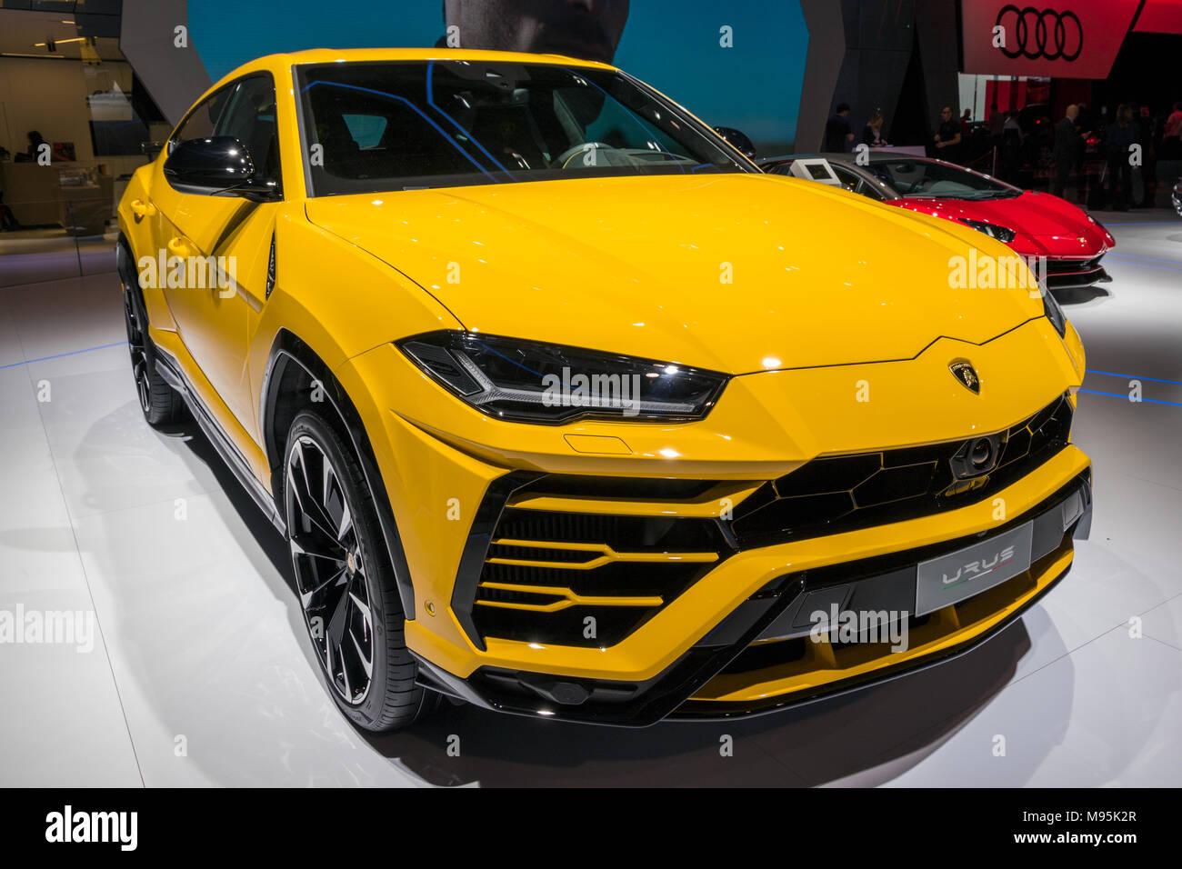 Genève, SUISSE - Le 7 mars 2018 : nouvelle Lamborghini Urus voiture SUV présenté à la 88e Salon International de l'Automobile de Genève. Banque D'Images