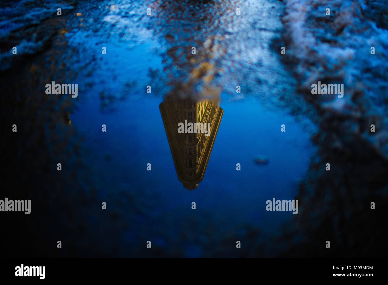 L'emblématique Flatiron Building vue reflétée dans une flaque d'eau au coucher du soleil à New York, Février 2013 Banque D'Images