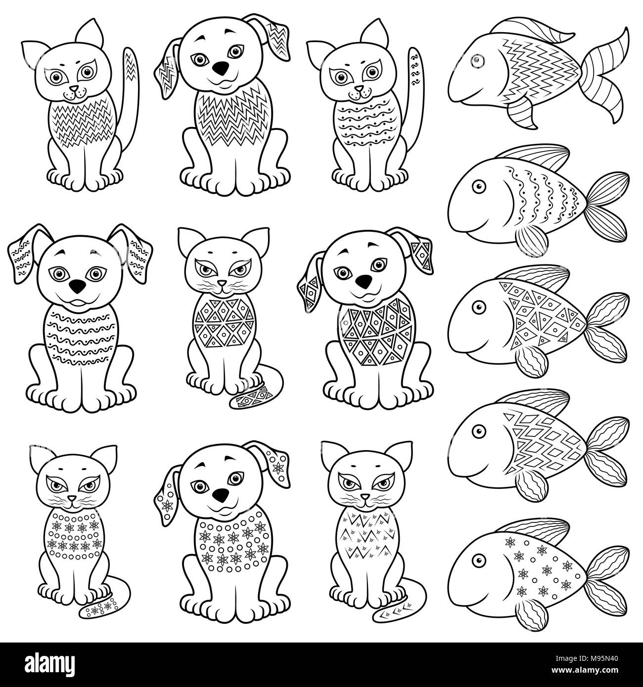 Set of funny cartoon chats, chiens et poissons avec divers éléments de conception de décoration, dessin à la main d'art vectoriel Illustration de Vecteur