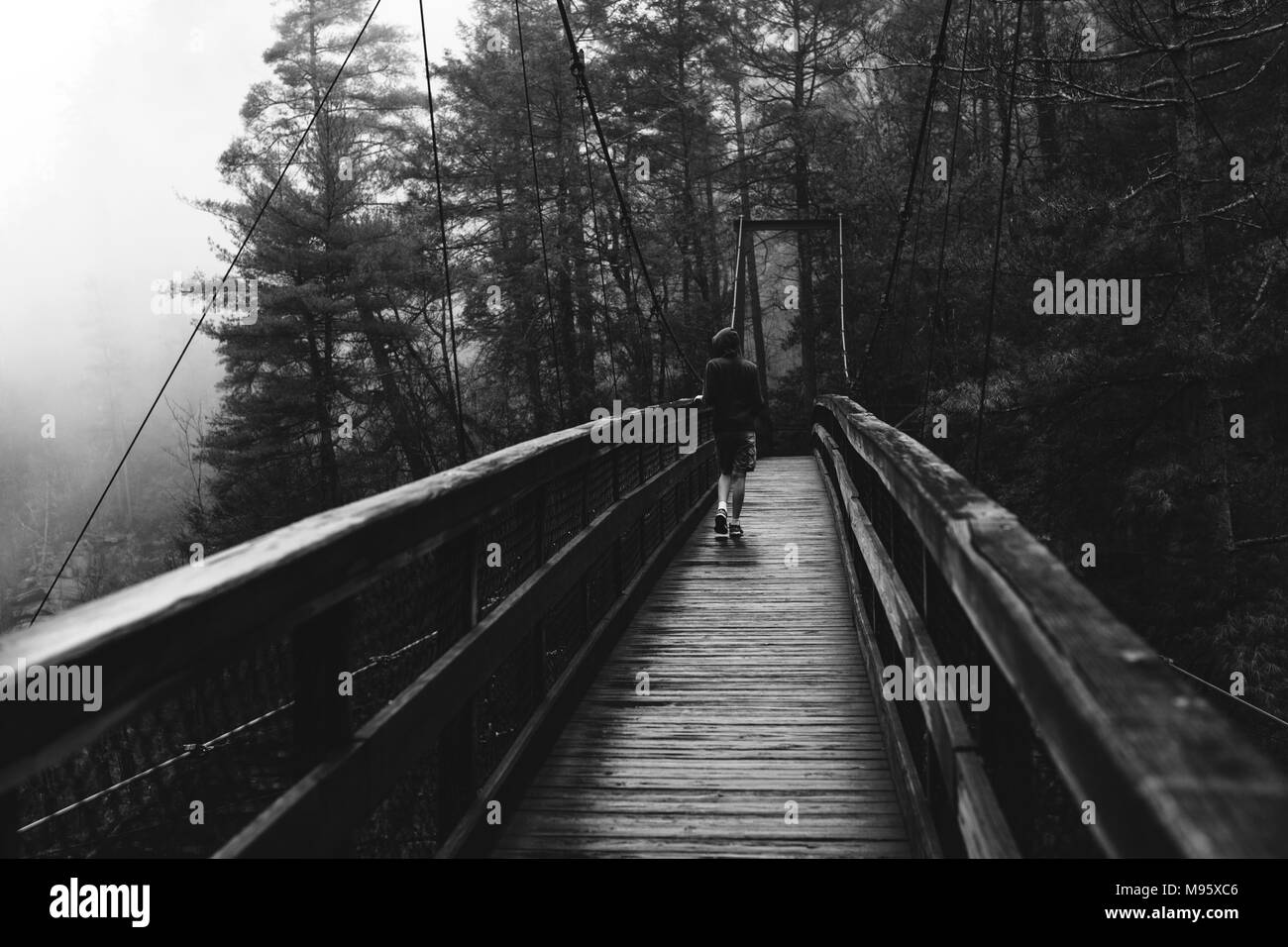 Un adolescent traverse le pont suspendu sur un matin pluvieux et brumeux au parc national des Gorges de Tallulah en Géorgie, USA. Banque D'Images