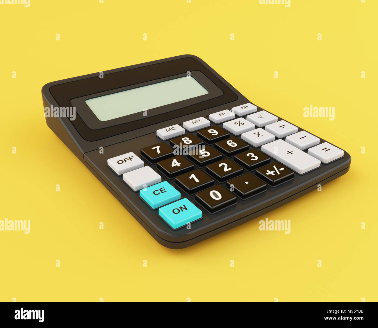 3d illustration. Calculatrice sur fond jaune. Concept d'entreprise. Banque D'Images