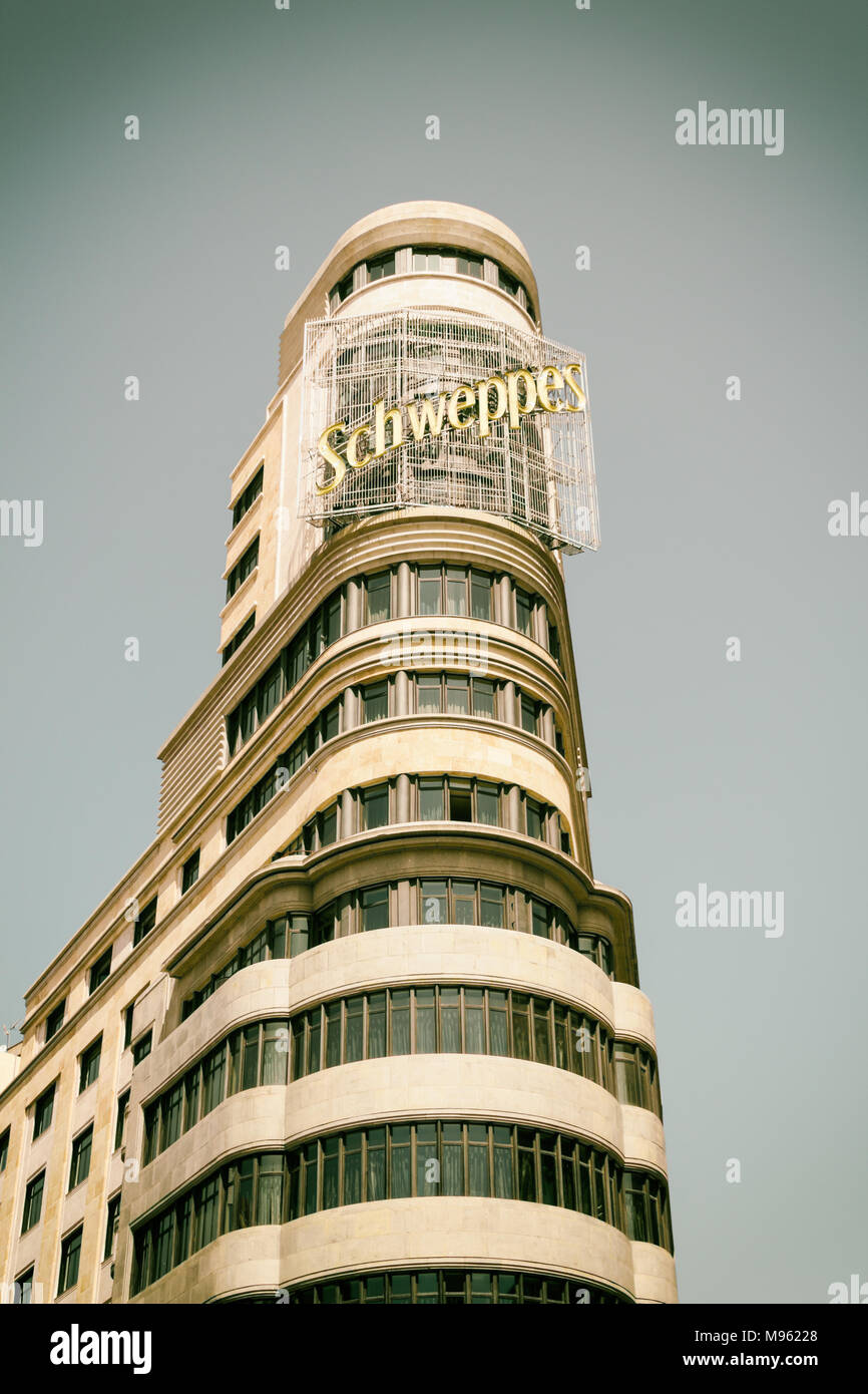 Madrid : Charogne Building/Schweppes, bâtiment carré Plaza del Callao, Gran Via, Madrid, Espagne Banque D'Images