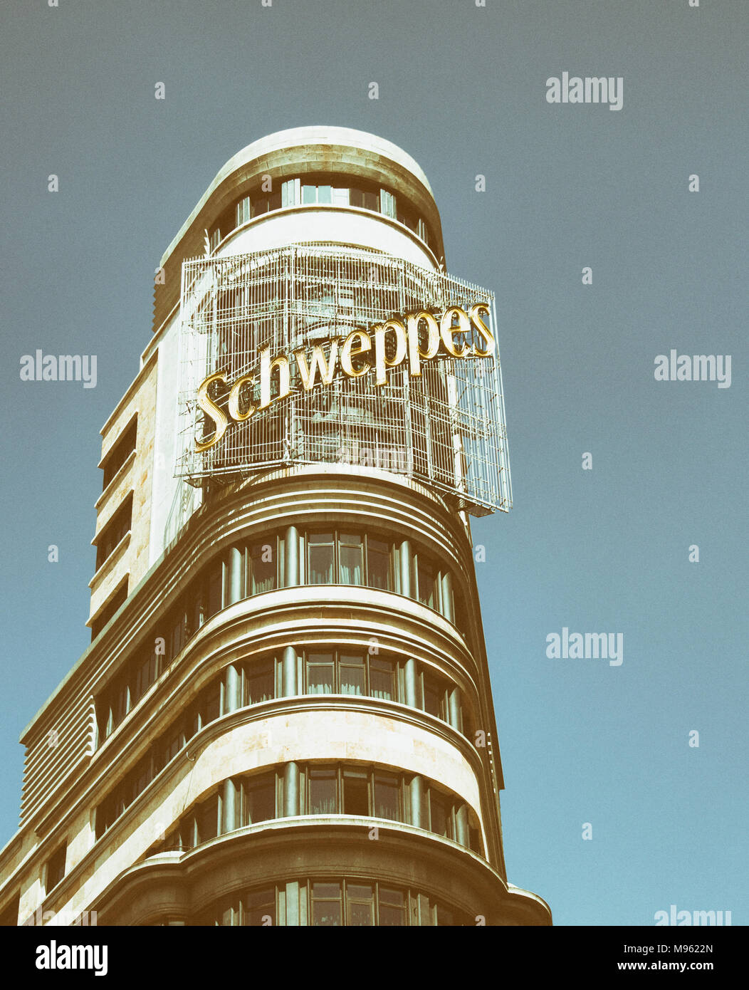 Madrid : Charogne Building/Schweppes, bâtiment carré Plaza del Callao, Gran Via, Madrid, Espagne Banque D'Images