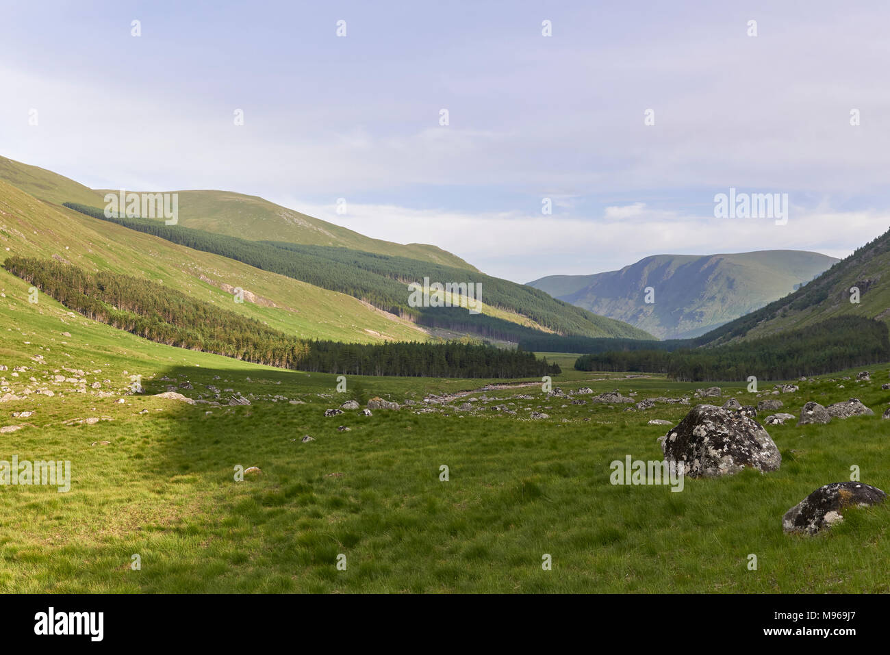 Regardant vers le bas de la vallée de Glen Doll sur l'un des étés chauds après-midi dans le parc national de Cairngorm dans les Highlands écossais. Banque D'Images