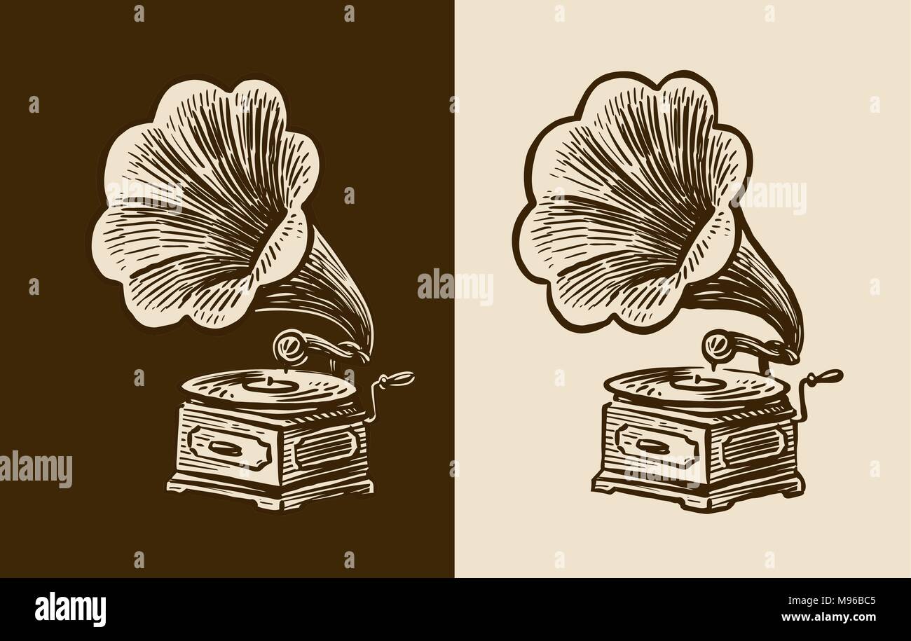 Croquis du gramophone. Musique rétro, nostalgie. Vintage vector illustration Illustration de Vecteur