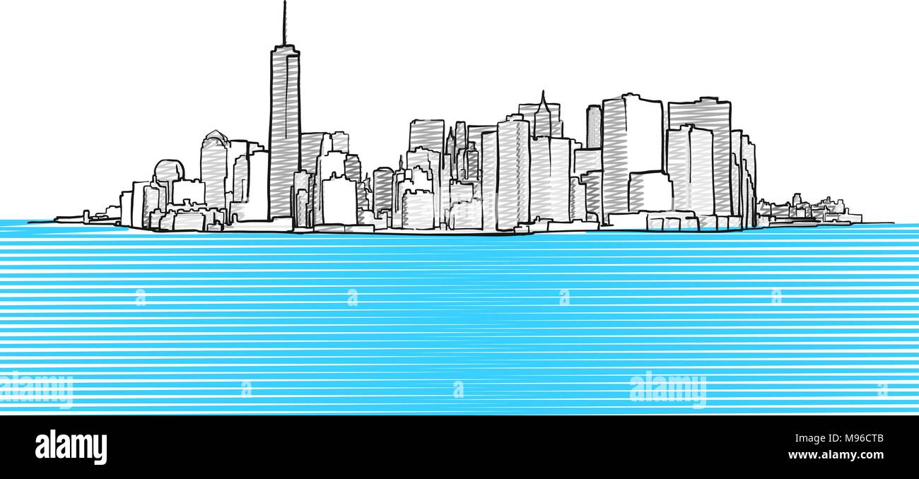 New York City Skyline vu de New Yersey. Contour vectoriel Illustration pour Marketing Design Illustration de Vecteur
