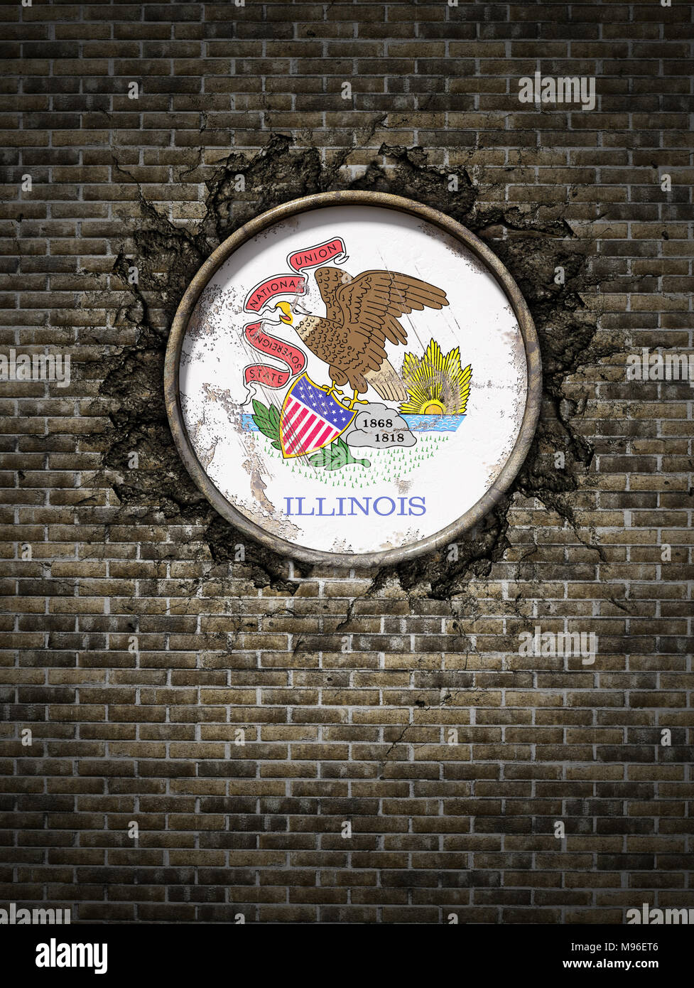 Le rendu 3D d'un indicateur d'état de l'Illinois sur une plaque métallique rouillée embarqué sur un vieux mur de brique Banque D'Images