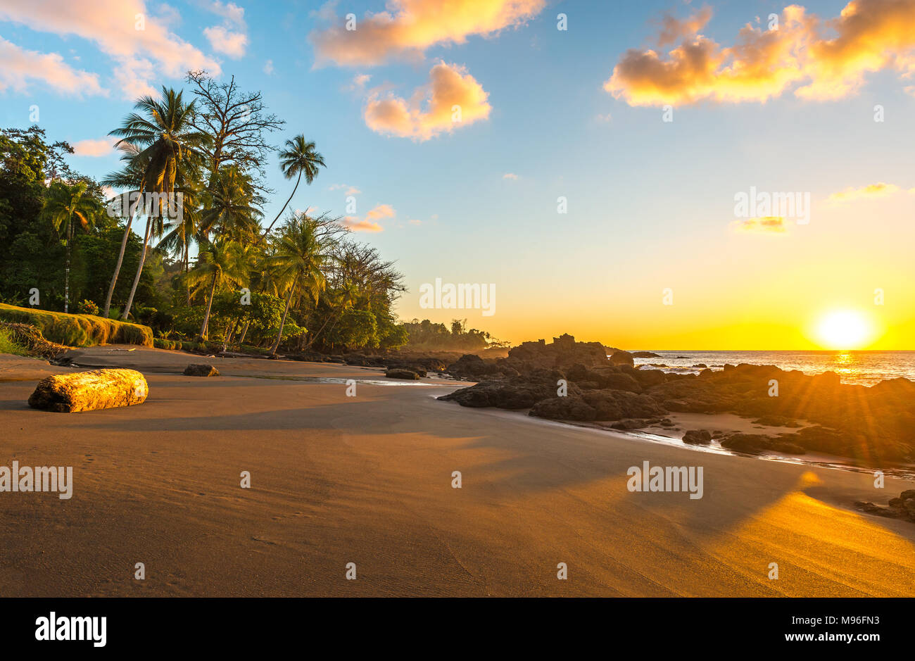 Coucher du soleil le long de la côte de l'océan Pacifique du Costa Rica avec de beaux palmiers tropicaux à l'intérieur du parc national Corcovado, péninsule d'Osa, l'Amérique centrale. Banque D'Images