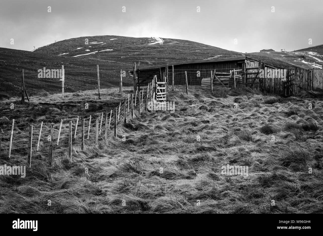 Enclos des rennes et des abris sur les pentes de la Cairngorm Mountain dans les Highlands écossais Banque D'Images