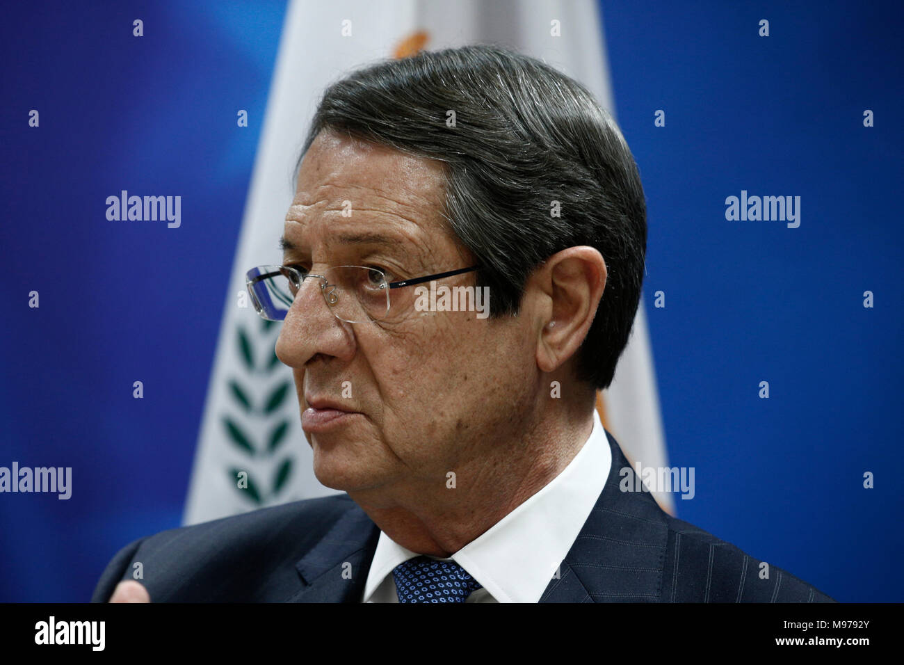 Bruxelles, Belgique. 23 mars 2018. Nicos Anastasiades, Président de Chypre propose une conférence de presse à l'issue d'un sommet de l'UE. Alexandros Michailidis/Alamy Live News Banque D'Images