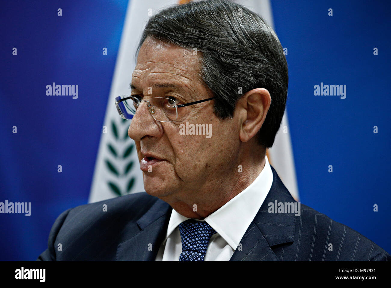 Bruxelles, Belgique. 23 mars 2018. Nicos Anastasiades, Président de Chypre propose une conférence de presse à l'issue d'un sommet de l'UE. Alexandros Michailidis/Alamy Live News Banque D'Images