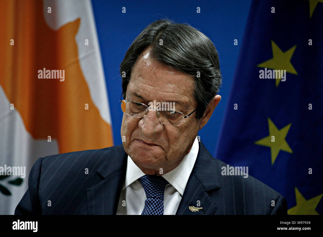 Bruxelles, Belgique. 23 mars 2018. Nicos Anastasiades, Président de Chypre propose une conférence de presse à l'issue d'un sommet de l'UE. Alexandros Michailidis/Alamy Live News Banque D'Images