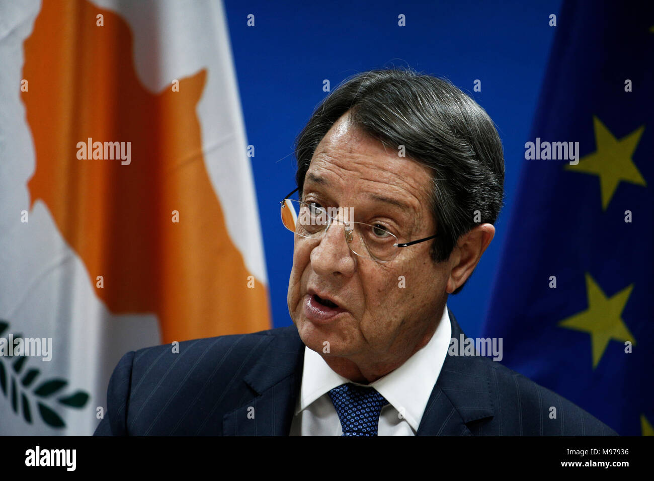 Bruxelles, Belgique. 23 mars 2018. Nicos Anastasiades, Président de Chypre propose une conférence de presse à l'issue d'un sommet de l'UE. Alexandros Michailidis/Alamy Live News Banque D'Images