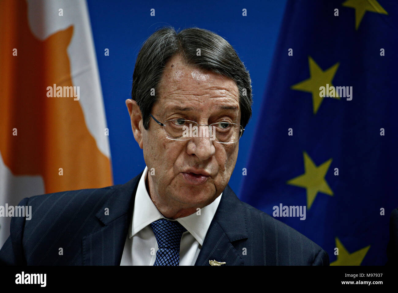 Bruxelles, Belgique. 23 mars 2018. Nicos Anastasiades, Président de Chypre propose une conférence de presse à l'issue d'un sommet de l'UE. Alexandros Michailidis/Alamy Live News Banque D'Images