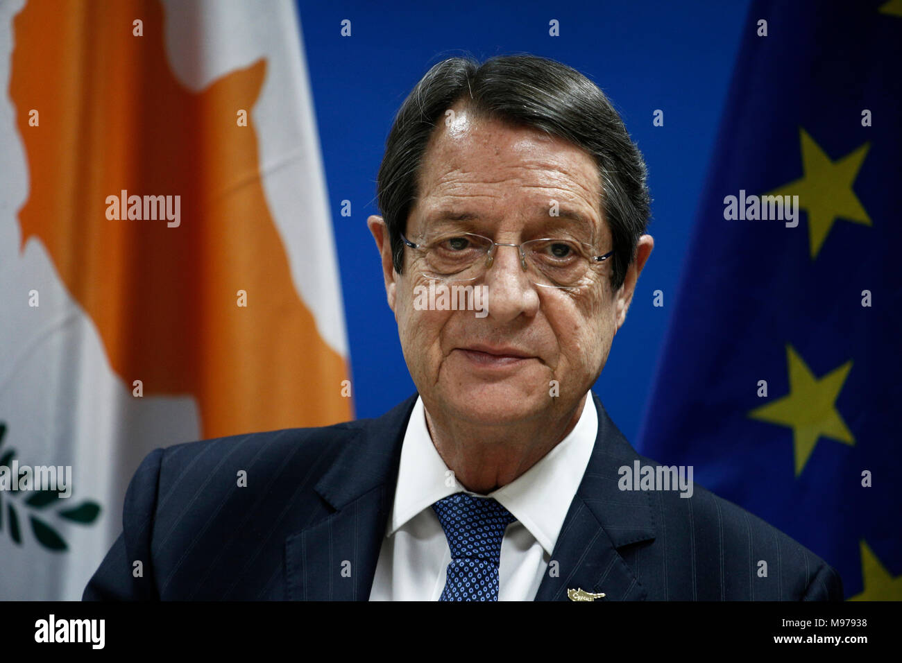 Bruxelles, Belgique. 23 mars 2018. Nicos Anastasiades, Président de Chypre propose une conférence de presse à l'issue d'un sommet de l'UE. Alexandros Michailidis/Alamy Live News Banque D'Images