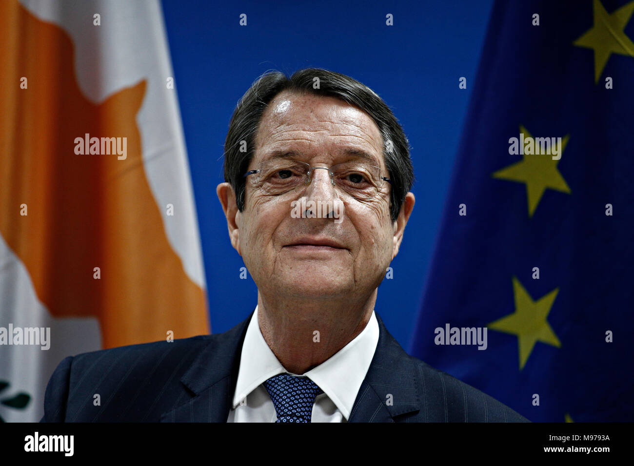 Bruxelles, Belgique. 23 mars 2018. Nicos Anastasiades, Président de Chypre propose une conférence de presse à l'issue d'un sommet de l'UE. Alexandros Michailidis/Alamy Live News Banque D'Images