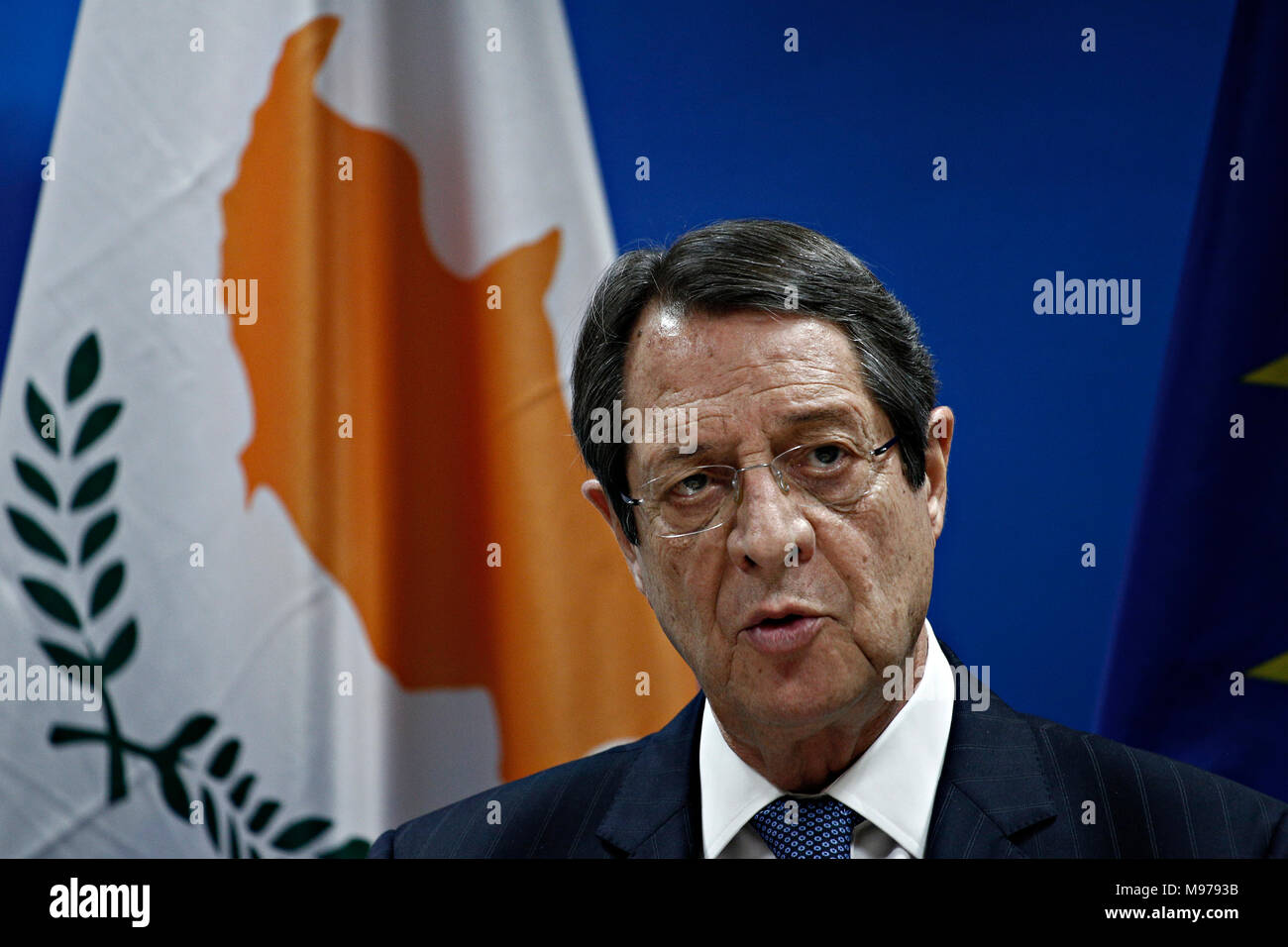 Bruxelles, Belgique. 23 mars 2018. Nicos Anastasiades, Président de Chypre propose une conférence de presse à l'issue d'un sommet de l'UE. Alexandros Michailidis/Alamy Live News Banque D'Images