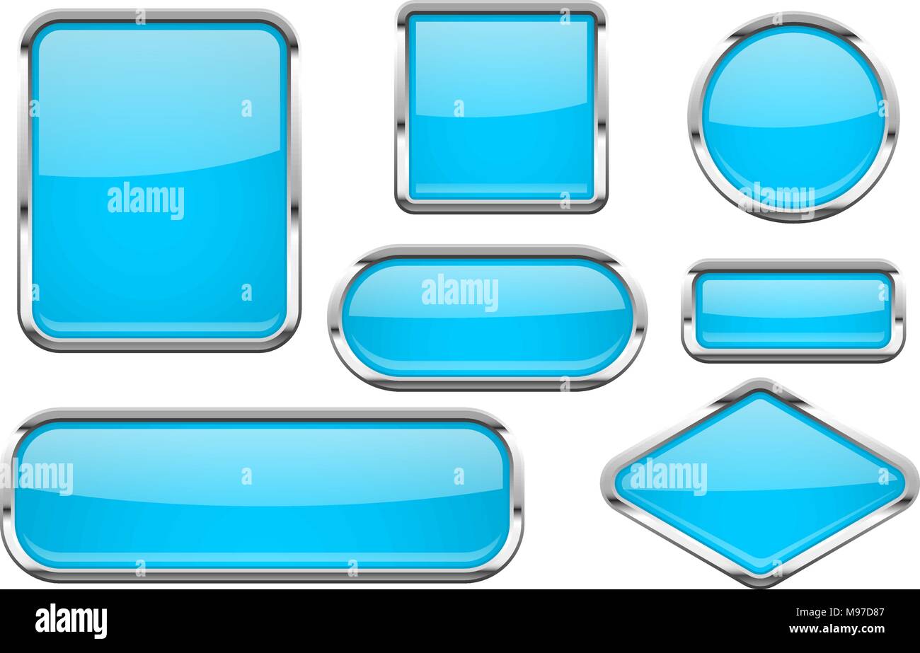 Les boutons en verre avec cadre chrome. Ensemble de brillant bleu icônes web 3d Illustration de Vecteur