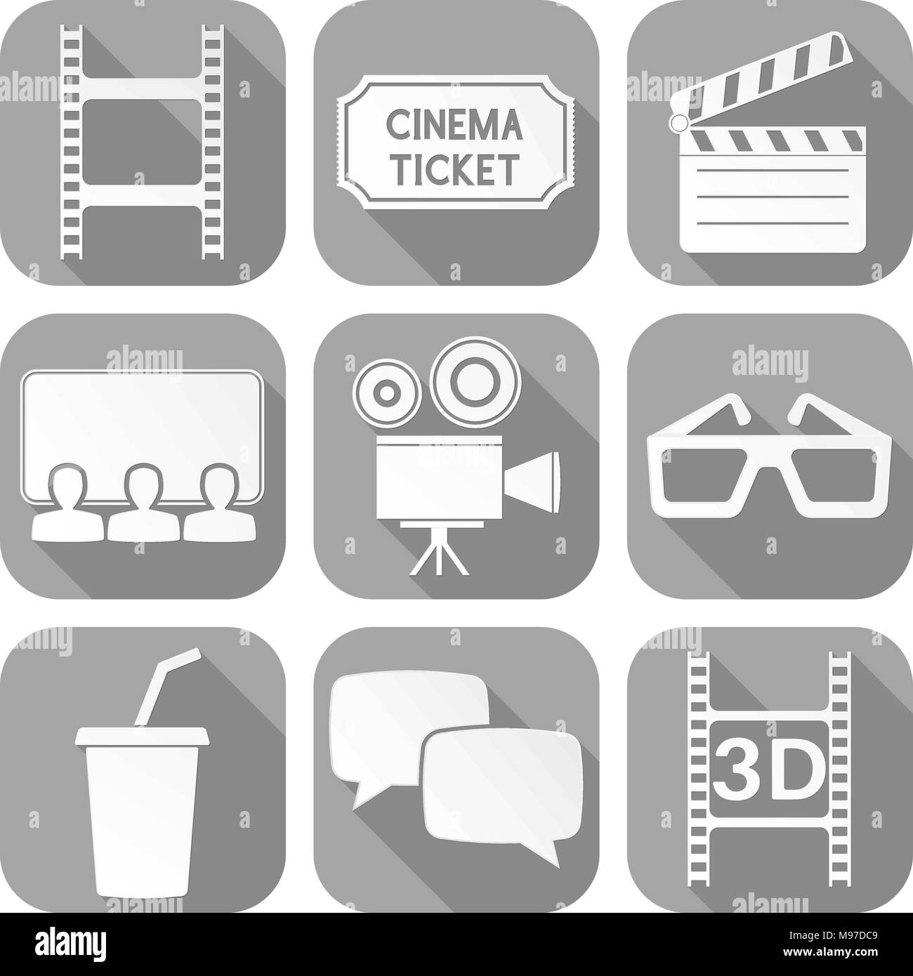 Cinema icons set. Signes carré gris avec des symboles de cinéma Illustration de Vecteur Cinema icons set. Signes carré gris avec des symboles de cinéma Illustration de Vecteur