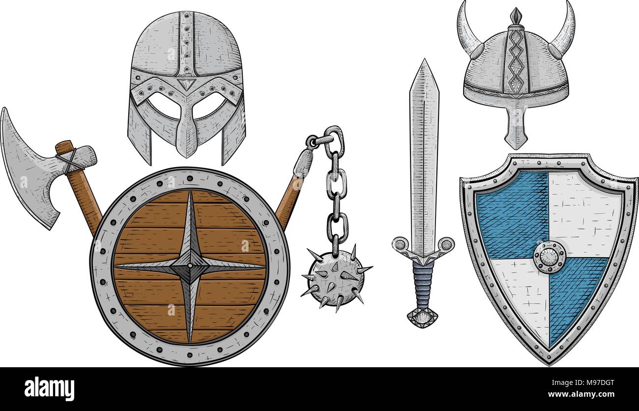 Ensemble d'armure Viking - Casques, boucliers et l'épée, hache. Croquis dessinés à la main de couleur Illustration de Vecteur