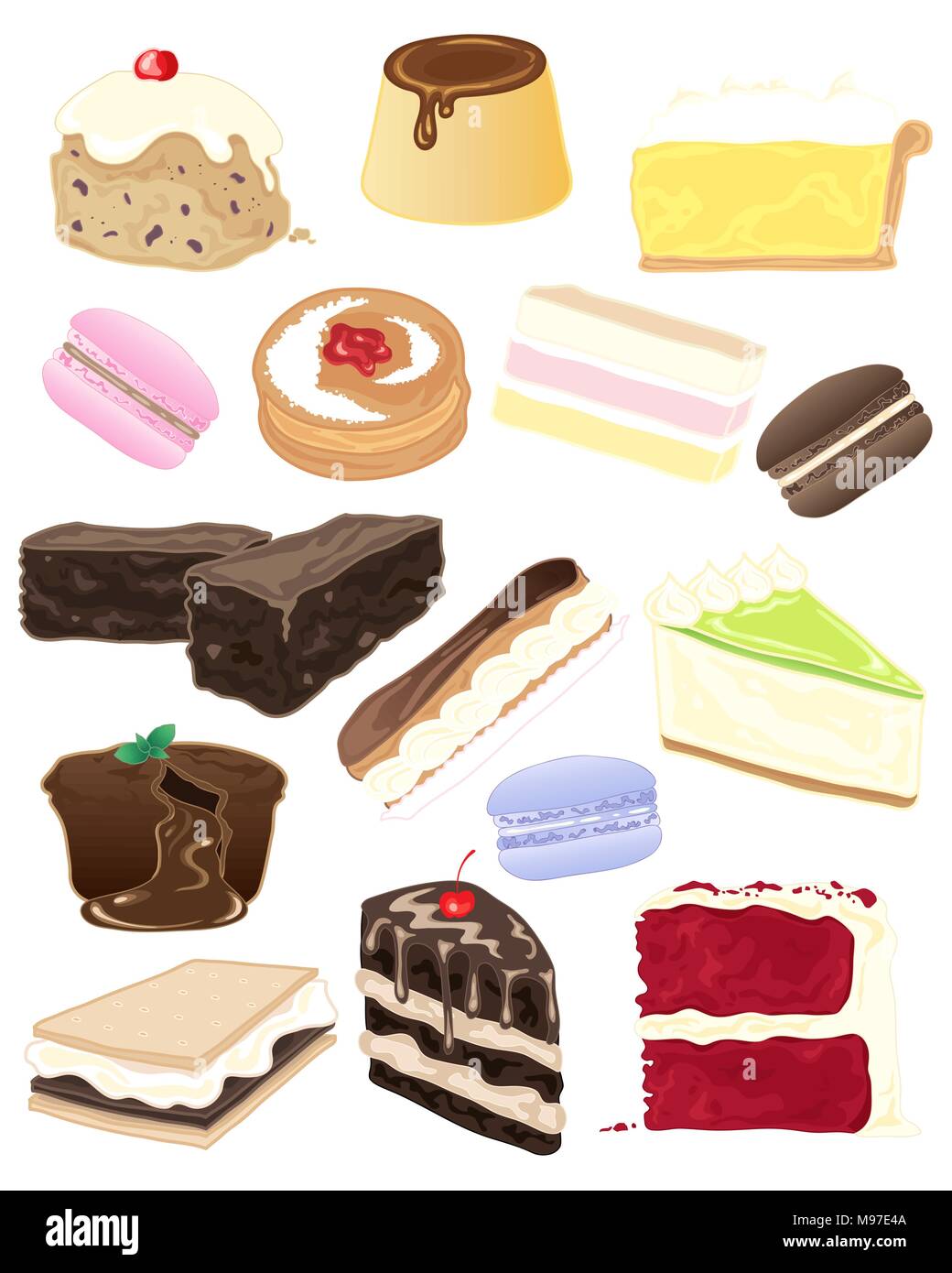 Un vecteur illustration en eps10 format d'une sélection de délicieux desserts et gâteaux sur un fond blanc Illustration de Vecteur