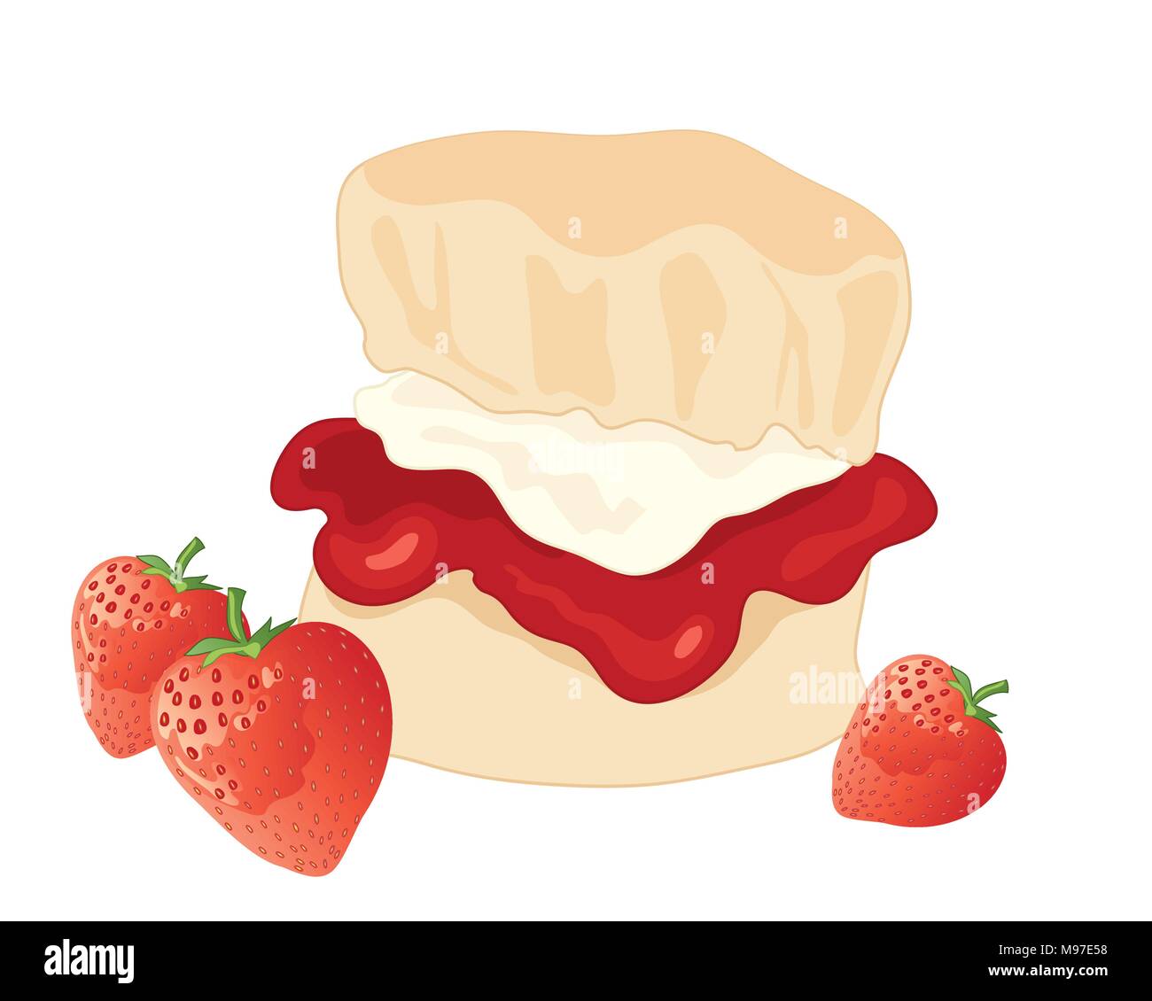 Une illustration d'une confiture délicieuse et crème avec scone de fraises fraîches sur fond blanc Illustration de Vecteur