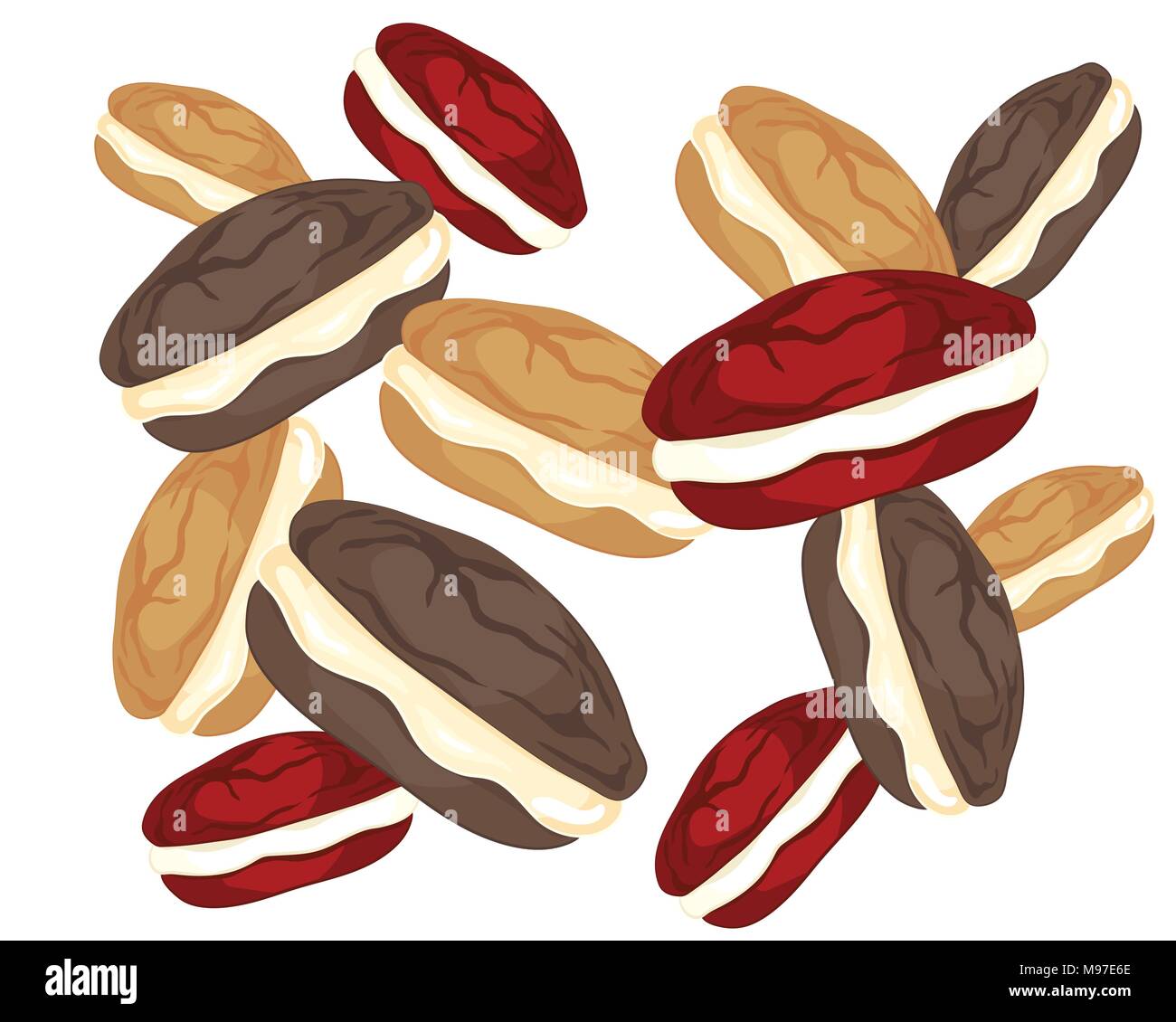 Une illustration d'un whoopie pie design chocolat en velours rouge et de vanille sur un fond blanc Illustration de Vecteur