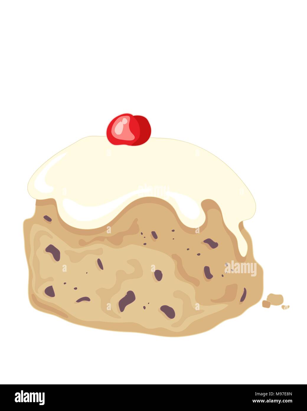 Une illustration d'un délicieux pain cuit glacé fruité avec des raisins secs et surmonté d'un glaçage blanc crème et glace cherry pour la décoration Illustration de Vecteur