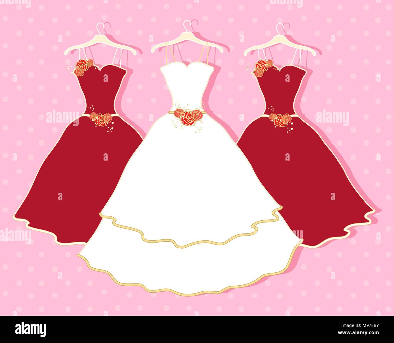 Une illustration d'une robe de mariée blanche et deux rouges robes de demoiselle avec Dieu et décoration de fleurs rouges sur fond rose Illustration de Vecteur