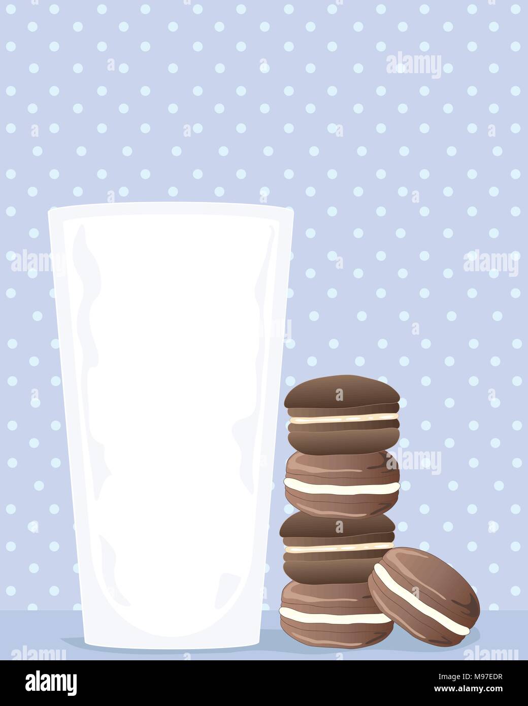 Une illustration d'un verre de lait avec une pile de biscuits au chocolat sur un fond bleu pâle tachetées Illustration de Vecteur