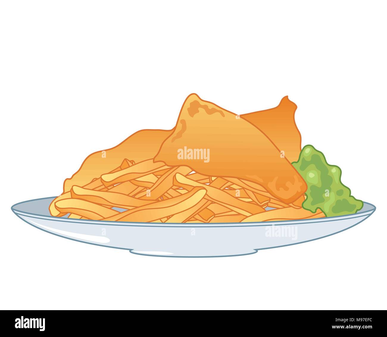 Un vecteur illustration en format eps 10 d'une plaque d'or croustillant puces avec deux morceaux de poisson dans la pâte et purée de pois verts sur fond blanc Illustration de Vecteur
